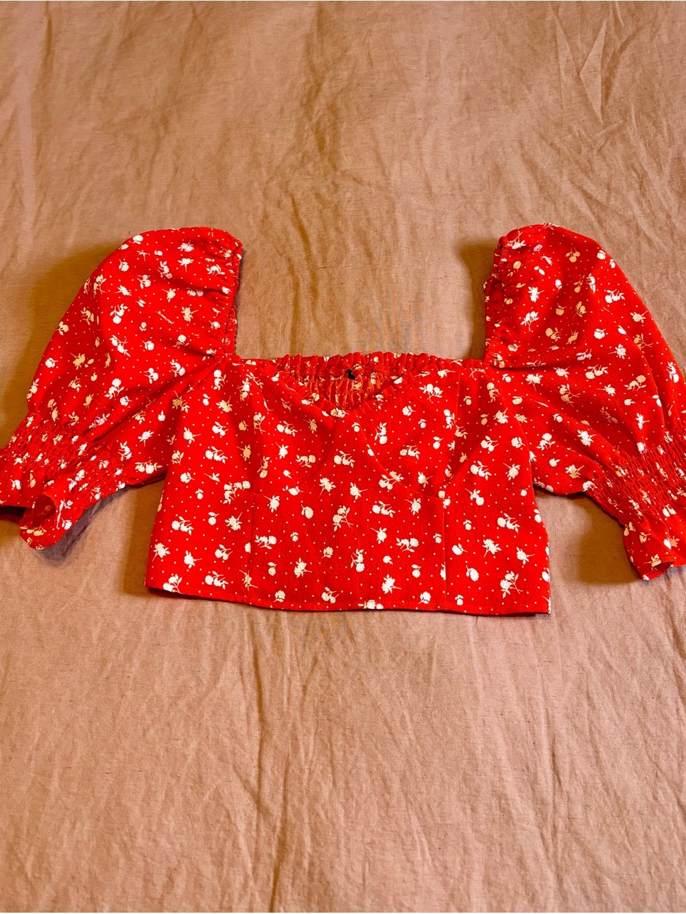 H&M Red Floral Puff-Sleeve Cropped Blouse